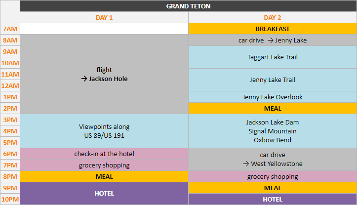 Schedule - Grand Teton National Park - 2 days